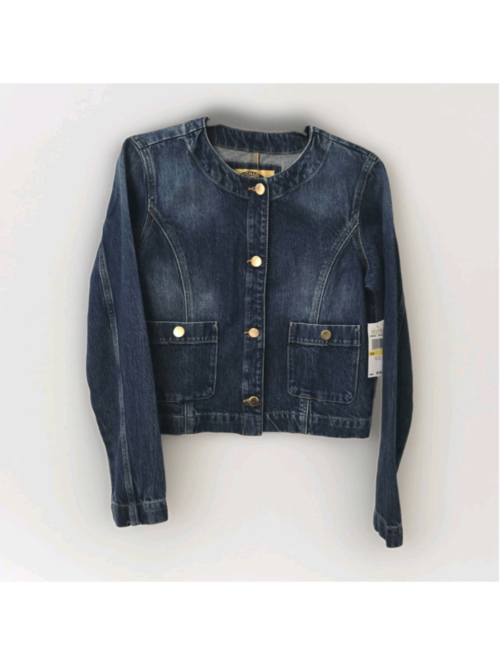 Michael Kors Denim Collarless Jean Jacket Gold Buttons Snap Medium Wash Size XL